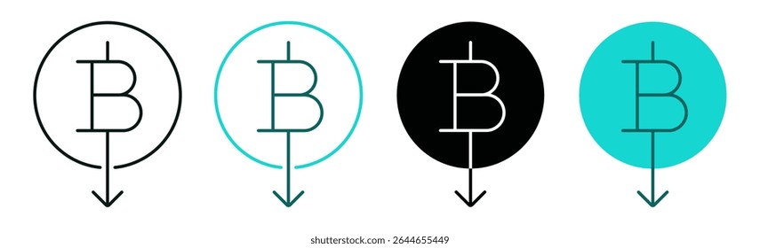 Conjunto de ícones de diminuição de preço do Bitcoin. Cor preta e verde. Criptomoeda, dinheiro, negócio ou conceito de investimento. Símbolo de moeda decrescente com seta para baixo para web, interface do usuário ou aplicativo. Traçado vetorial editável.