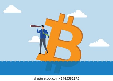 Bitcoin Precio hacia abajo, inversor de pie con el telescopio hundiendo bitcoin símbolo para ver el futuro.