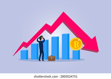 Bitcoin price down vector concept. Stressful businessman looking at bitcoin price drop diagram and graph