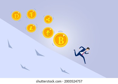 Bitcoin price down vector concept. Businessman run away from falling crypto currency