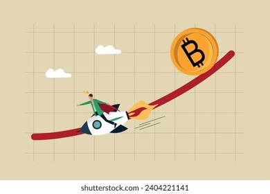 Bitcoin price drop, future of crypto currency price or vision to see cryptocurrency market, Businessman riding his rocket running away from falling bi