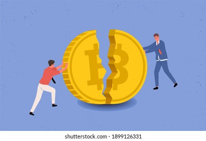 Bitcoin Price Drops, annoyance, Panic. Bankrupt Bitcoin. Two miners, businessmen are trying to keep a large bitcoin coin from crashing and falling. Cartoon style Vector Illustration
