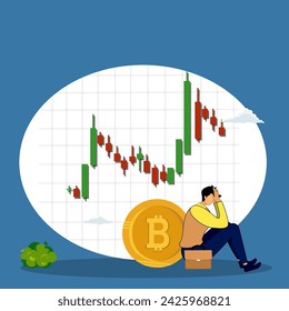 Bitcoin price drops  Stressed businessman turning his back on bitcoin price chart and diagram.