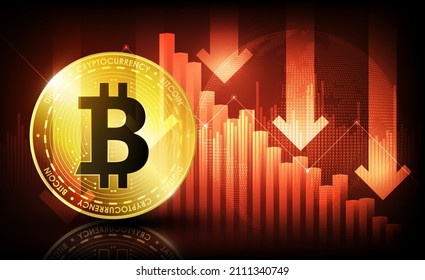 Bitcoin Price Falling concept, Bitcoin digital cryptocurrency on red chart background, vector illustration