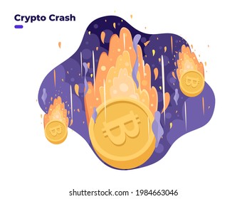 Bitcoin price falling down illustration. Cryptocurrency price crash. High risk of crypto investment. Crypto coin burning. Crypto stock market investment crisis,  bear market.