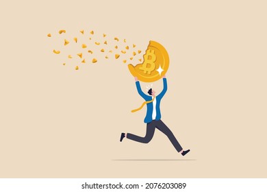 Bitcoin Price Falling Down Make Investor Or Trader Losing Money, Crypto Value Dissolve Into Dust Particle Concept, Frustrated Investor Trader Running Away With His Dissolving, Crash Into Dust Bitcoin.