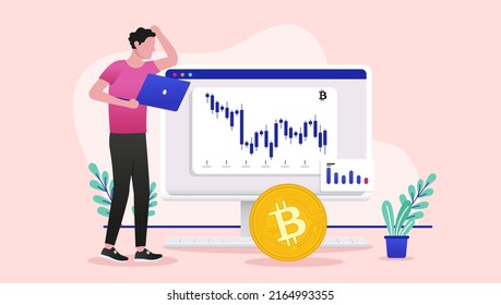 Bitcoin-Preis sinkt - Crypto-Währungsanleger schauen in Angst, da der Wert vor dem Computer-Bildschirm mit Diagramm sinkt. Flaches design, Vektorgrafik