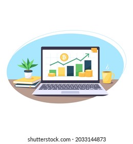 bitcoin price growth graph concept. Vector stock illustration of bitcoin. Bitcoin price growth graph on a laptop. Cryptocurrency vector. Workplace with computer, books and coffee vector illustration