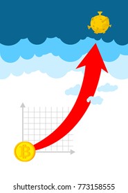 Bitcoin price increase. Dynamics of course is crypto currency. Rise of price of virtual money. Up arrow to sky. Cost Flies to moon. Exchange vector illustration
