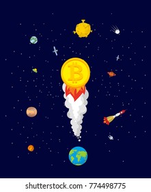 Bitcoin price increase. Dynamics of course is crypto currency. Rise of price of virtual money. rocket to sky. Cost Flies to moon. Exchange vector illustration