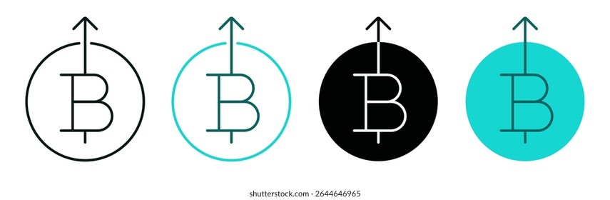 Conjunto de ícones de aumento de preço Bitcoin. Cor preta e verde. Criptomoeda, dinheiro, negócio ou conceito de investimento. Bitcoin com seta para cima. Símbolo para aplicativo Web, interface do usuário ou móvel. Traçado vetorial editável.