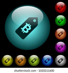 Bitcoin price label icons in color illuminated spherical glass buttons on black background. Can be used to black or dark templates