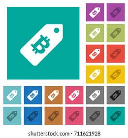 Bitcoin price label multi colored flat icons on plain square backgrounds. Included white and darker icon variations for hover or active effects.