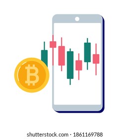 Bitcoin price on a candlestick chart, cryptocurrency exchange quotes. Vector illustration in a flat style. Blockchain technology, access to the exchange on your smartphone