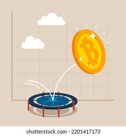 Bitcoin Price Rebound, Back To Rising Up After Falling Down Concept, Bitcoin Bounce Back On The Trampoline Rising Up On Price Graph. Flat Vector Illustration.