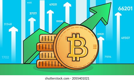 Bitcoin price rising again vector illustration background. Cartoon backdrop illustration for web new and posts about crypto bitcoin, good news and bull market. Green arrow and stack of coins.