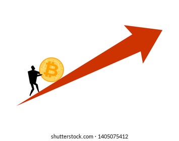 Bitcoin price rising. Businessman pushes coin btc. Cryptocurrency price increase. Business concept in crypto exchange
