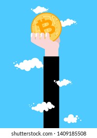 Bitcoin price rising. Hand promotes bitcoin. Cryptocurrency price increase. Business concept in crypto exchange