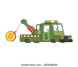 Bitcoin price rising Tow truck pull. Cryptocurrency price increase. Business concept in crypto exchange