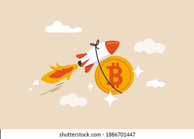 Bitcoin price skyrocket hit record high, cryptocurrency investor got rich with growth high value trading concept, speedy rocket ship holding bitcoin physical coin flying high through space cloud.