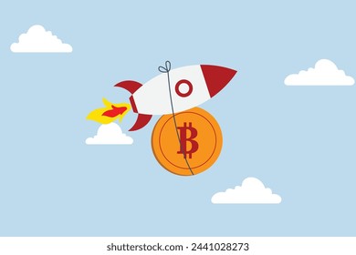 Bitcoin price skyrocket hit record high, fast rocket ship that bitcoin physical coin flies high through the clouds of space.