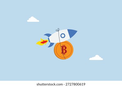 Bitcoin-Preis-Skyrocket getroffen Rekord hoch, schnelle Rakete Schiff, dass Bitcoin physische Münze fliegt hoch durch die Wolken des Raumes.