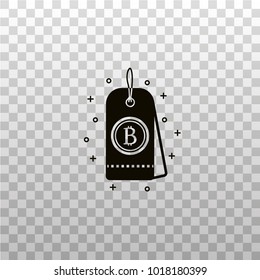 Bitcoin price tag black silhouette. Bit coin sale label. Cryptocurrency and virtual money coupon on transparent background. Crypto currency, virtual and digital money vector illustration.