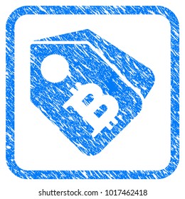 Bitcoin Price Tags rubber seal stamp imitation. Icon vector symbol with grunge design and dirty texture inside rounded rectangle. Scratched blue sticker on a white background.