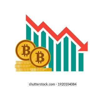 Ilustración del vector de caída de la demanda del mercado de valores de precio de bitcoin: disminución de la caída. Elemento de inversión de criptodivisa y ciberdivisa.  Se puede usar infografía digital e imprimible.