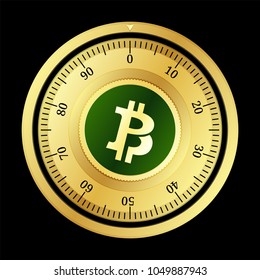Bitcoin Private (BTCP) cryptocurrency safe lock. Eps10 vector illustration isolated on black background.