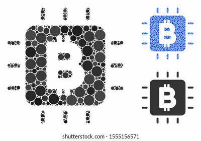 Bitcoin processor chip mosaic of round dots in different sizes and color tints, based on Bitcoin processor chip icon. Vector round dots are grouped into blue mosaic.