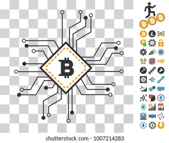 Bitcoin Processor Circuit pictograph with bonus bitcoin mining and blockchain design elements. Vector illustration style is flat iconic symbols. Designed for cryptocurrency software.