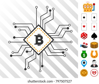 Bitcoin Processor Circuit pictograph with bonus casino pictograms. Vector illustration style is flat iconic symbols. Designed for gambling ui.