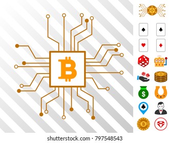 Bitcoin Processor Circuit pictograph with bonus casino pictures. Vector illustration style is flat iconic symbols. Designed for casino gui.