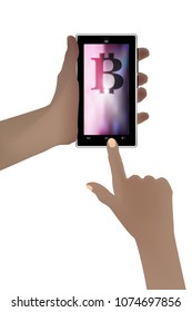 bitcoin. profit and money on the Internet. new money. money network. internet money. future opportunities in a smart phone. vertical orientation