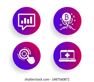 Bitcoin project, Analytical chat and Seo target icons simple set. Halftone dots button. Medical help sign. Cryptocurrency startup, Communication speech bubble, Click aim. Medicine laptop. Vector