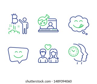 Bitcoin project, Couple love and Online chemistry line icons set. Yummy smile, Smile face and Time management signs. Cryptocurrency startup, People in love, Lab flask. Comic chat. People set. Vector