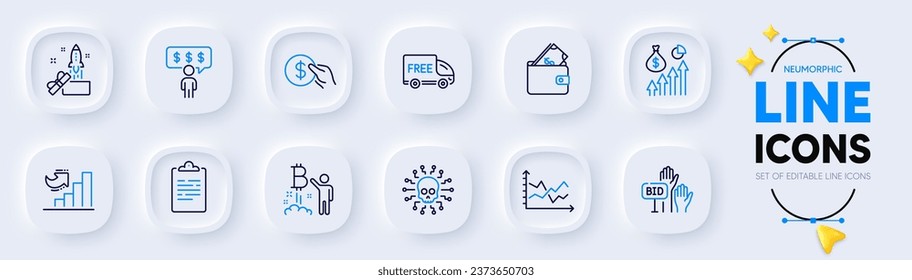 Bitcoin project, Diagram chart and Payment line icons for web app. Pack of Employee benefits, Salary, Clipboard pictogram icons. Bid offer, Cyber attack, Innovation signs. Growth chart. Vector