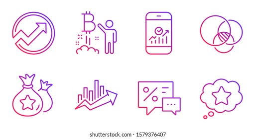 Bitcoin project, Growth chart and Smartphone statistics line icons set. Euler diagram, Discounts and Loyalty points signs. Audit, Loyalty star symbols. Cryptocurrency startup, Sale diagram. Vector