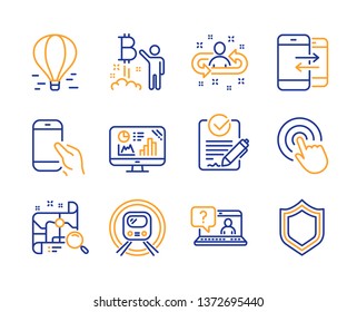 Bitcoin Project, Hold Smartphone And Analytics Graph Icons Simple Set. Click, Air Balloon And Recruitment Signs. Metro Subway, Search Map And Rfp Symbols. Line Bitcoin Project Icon. Colorful Set