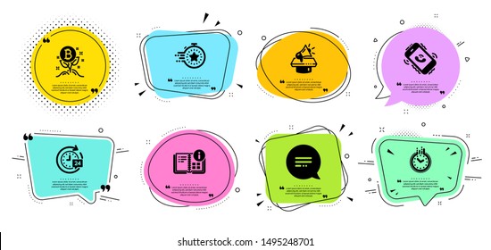 Bitcoin project, Megaphone and Instruction info line icons set. Chat bubbles with quotes. Time, Call center and Timer signs. 24h delivery, Text message symbols. Vector