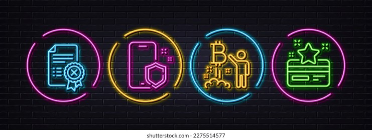 Proyecto de bitcoin, Protección telefónica y iconos de línea mínimos del certificado de rechazo. Luces 3d láser neón. Iconos de la tarjeta de fidelidad. Para web, aplicación, impresión. Vector