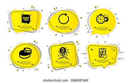 Bitcoin project, Pie chart and Cogwheel timer icons simple set. Yellow speech bubbles with dotwork effect. Synchronize, Quick tips and Recovery hdd signs. Vector