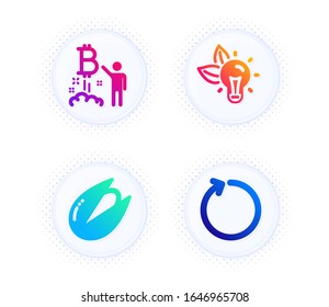 Proyecto Bitcoin, Pistachio tuerca e iconos de la energía ecológica conjunto simple. Botón con puntos de tono medio. Signo de bucle. Inicio de criptomoneda, comida vegetariana, bombilla. Actualizar. Conjunto de negocios. Vector