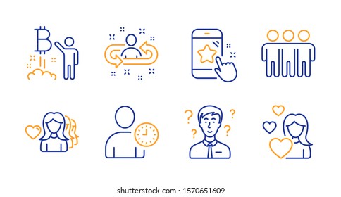 Iconos de línea de administración de tiempo, clasificación de estrellas y proyecto de bitcoin. Amistad, asesoría de apoyo y señas de amor de la mujer. Reclutamiento, símbolos de amor. Inicio de criptodivisa, comentarios de teléfono. Vector