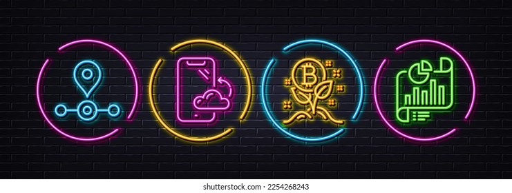Bitcoin project, Station and Smartphone cloud minimal line icons. Neon laser 3d lights. Report document icons. For web, application, printing. Vector