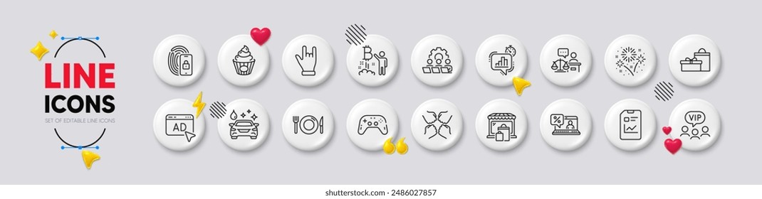 Bitcoin project, Teamwork and Squad line icons. White buttons 3d icons. Pack of Cake, Horns hand, Gifts icon. Report document, Lock, Vip clients pictogram. Statistics timer, Fireworks, Market. Vector