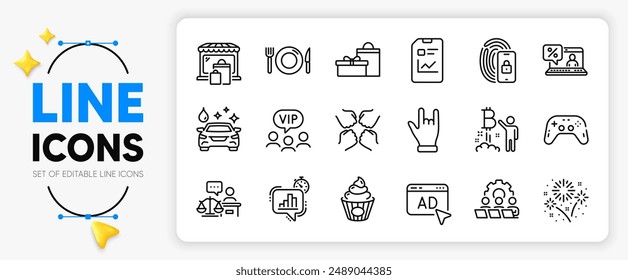 Bitcoin project, Teamwork and Squad line icons set for app include Cake, Horns hand, Gifts outline thin icon. Report document, Lock, Vip clients pictogram icon. Statistics timer, FireworksAd. Vector