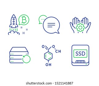 Bitcoin project, Text message and Employee hand line icons set. Chemical formula, Recovery server and Ssd signs. Cryptocurrency startup, Chat bubble, Work gear. Chemistry. Technology set. Vector