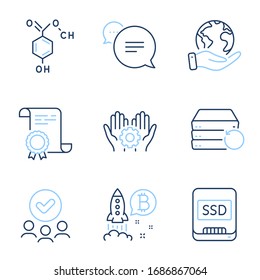 Bitcoin project, Text message and Employee hand line icons set. Diploma certificate, save planet, group of people. Chemical formula, Recovery server and Ssd signs. Vector